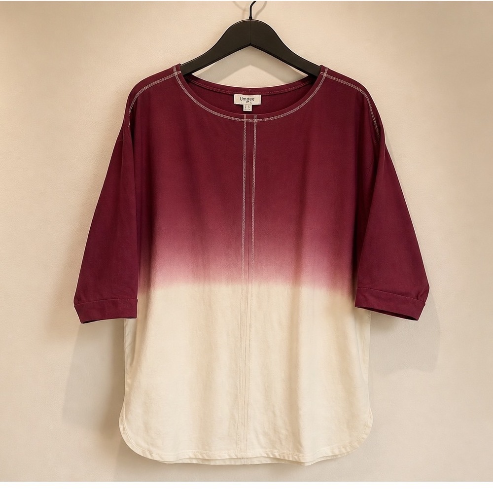 Umgee USA Women Burgundy Cream Ombre Cotton Tunic Top Pockets  Small NWT